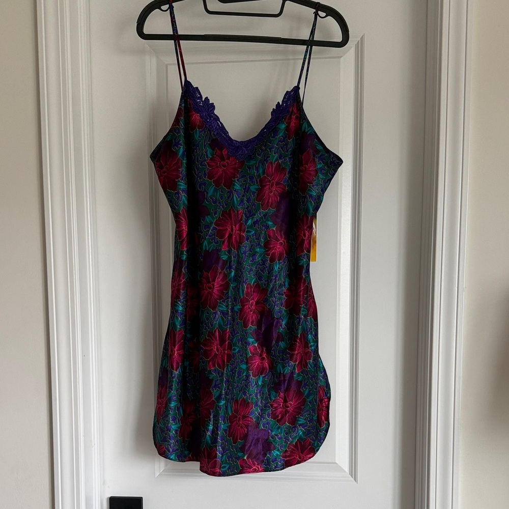 Vintage Floral Satin Chemise with Lace Trim - Purple & Magenta & Teal